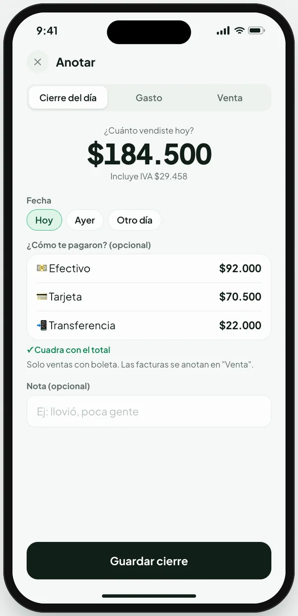 Pantalla Anotar con un cierre del día de $184.500: efectivo $92.000, tarjeta $70.500 y transferencia $22.000.