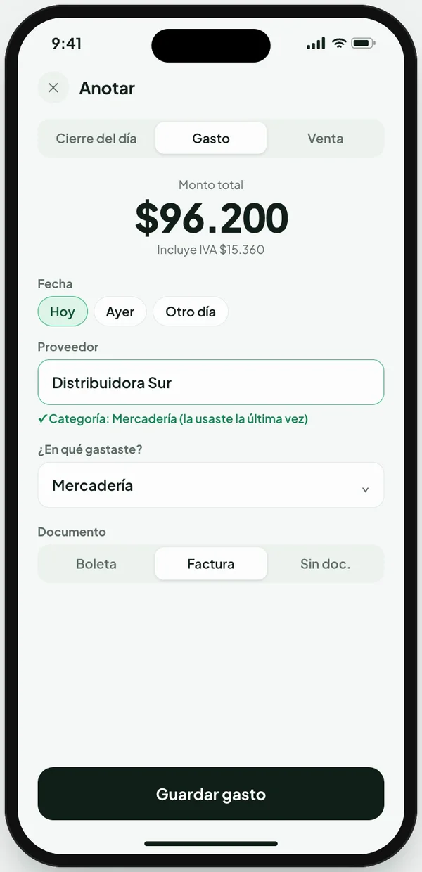 Pantalla Anotar con un gasto de $96.200 a Distribuidora Sur; la app recordó la categoría Mercadería.