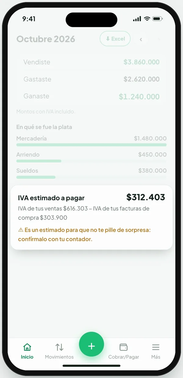 Resumen de octubre con el IVA estimado a pagar: $312.403.